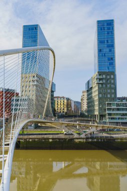 Bilbao, İspanya, 15 Şubat 2022. İspanya 'nın Bilbao kentindeki Nervion Nehri üzerindeki Zubizuri Köprüsü