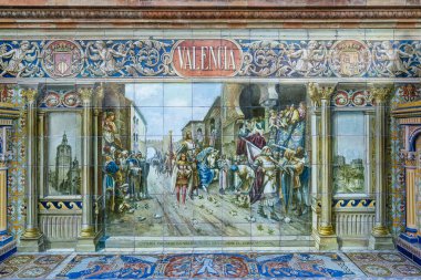 Sevilla 'daki İspanya Plaza' sı. İspanya 'da Valencia eyaletinin temalı seramik fayanslar. 