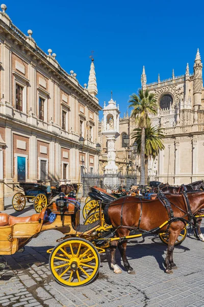 Seville, İspanya, 6 Mart 2022. İspanya 'nın Sevilla şehrinin merkez caddesinde tipik vagonlar
