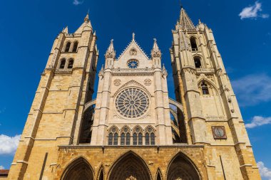 Gothic facade of the Leon Cathedral in Castilla y Leon, Spain. High quality photo