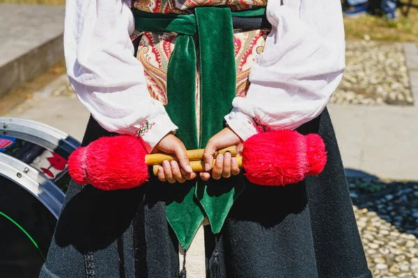 Woman Who Plays Drum Popular Festival Asturias Typical Costume Asturian — стоковое фото