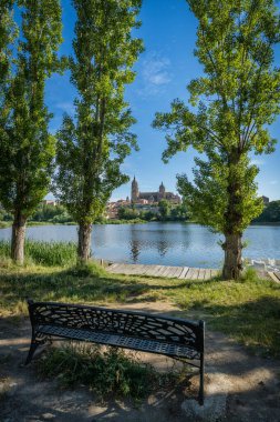 İspanya 'daki Salamanca şehri, Tormes nehri ve katedral manzarası. Yüksek kalite fotoğraf