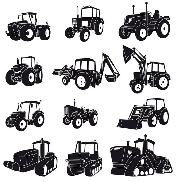 Set of detailed tractor icons. Vector illustration.