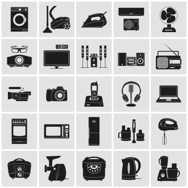 Ev aletleri ve elektronik ikonlar. Vektör silueti çizimi