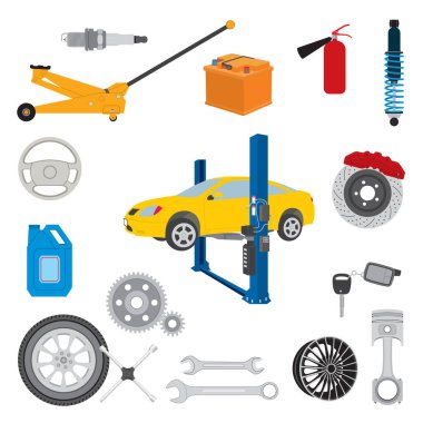 Araba servisi elemanları ve parça simgeleri. Vektör illüstrasyonu