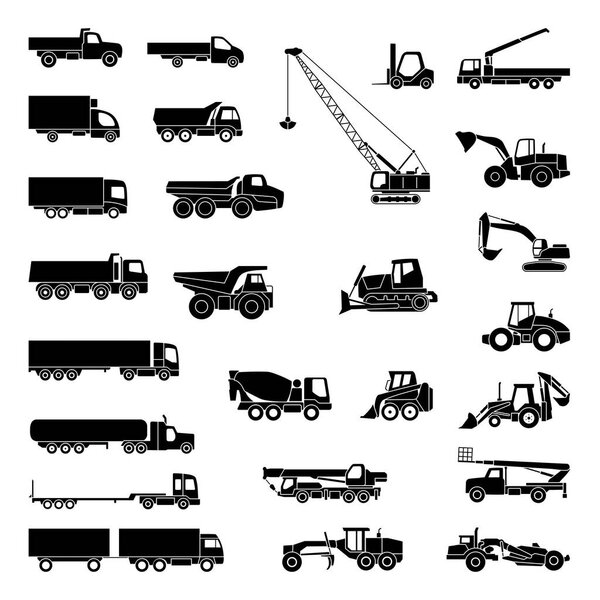 Detailed icons of trucks and construction equipment. Vector illustration