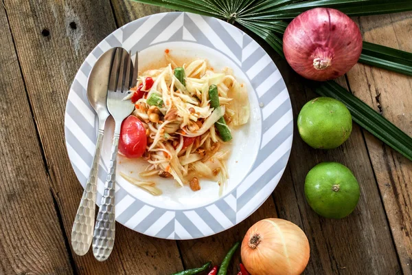 Salada Mamão Tailandesa Prato Salada Mamão Com Cocô Limão Pimenta — Fotografia de Stock