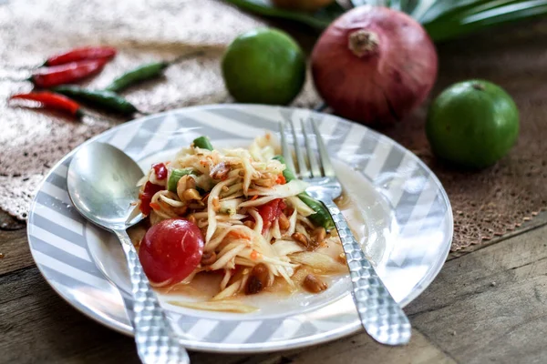 Thai Papaya Salat Auf Einem Teller Papaya Salat Mit Pups — Stockfoto