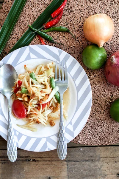 Salada Mamão Tailandesa Prato Salada Mamão Com Cocô Limão Pimenta — Fotografia de Stock