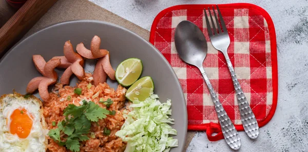 American Fried Rice Served Sausages Cucumbers Shredded Vegetables Gray Plate — Stock Photo, Image