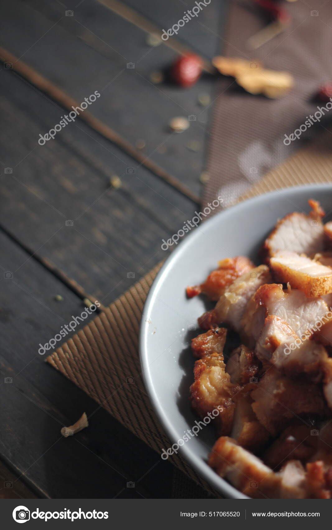 Fried Pork Belly Fish Sauce Served Gray Plate Black Wooden Stock Photo