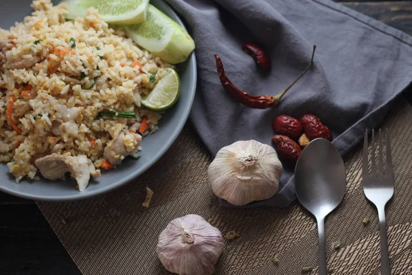 Pork Fried Rice Common Street Food Thailand Served Black Wooden — Stock Photo, Image