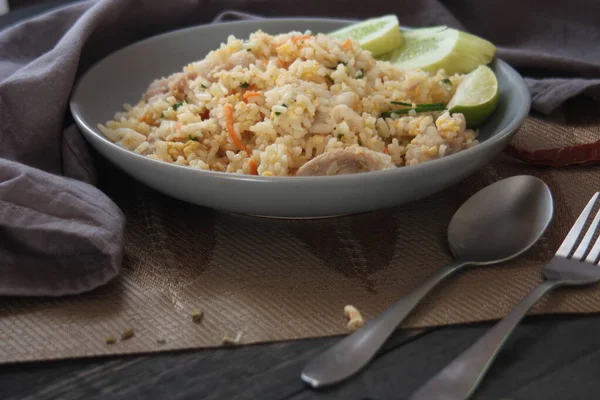 Pork Fried Rice Common Street Food Thailand Served Black Wooden — Stock Photo, Image