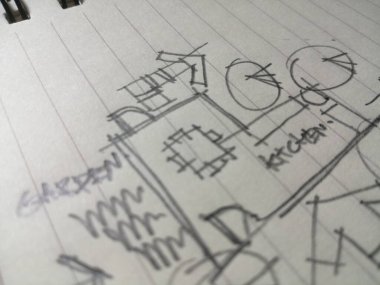 Kağıt üzerinde, işlevlerini ve planlarını açıklayan mimari çizimler..