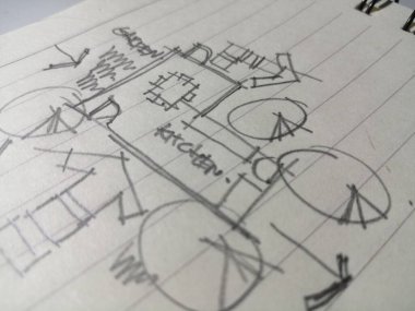 Kağıt üzerinde, işlevlerini ve planlarını açıklayan mimari çizimler..