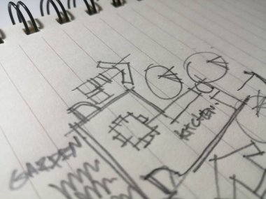 Kağıt üzerinde, işlevlerini ve planlarını açıklayan mimari çizimler..