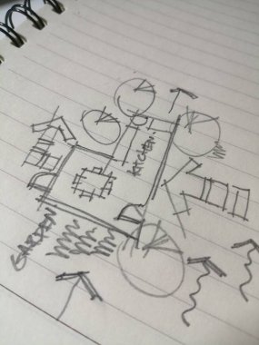 Kağıt üzerinde, işlevlerini ve planlarını açıklayan mimari çizimler..