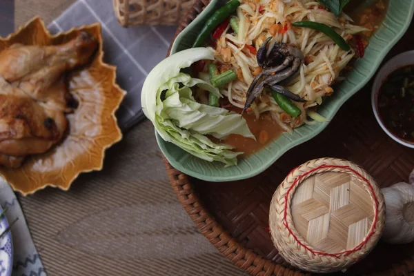 Comida Tailandesa Popular Chamada Salada Mamão Que Pessoas Tailandesas Chamam — Fotografia de Stock