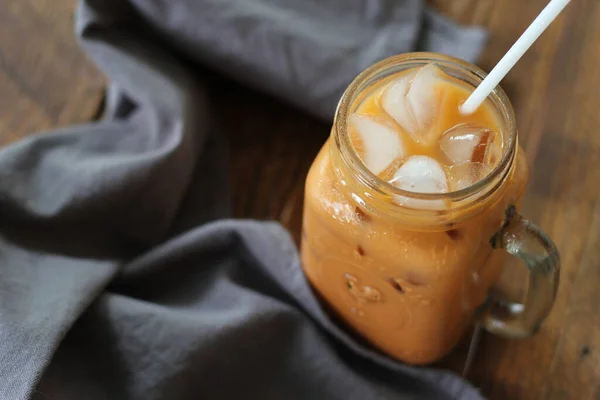 Milk Tea Thai Tea Served Wooden Table — Stock Photo, Image