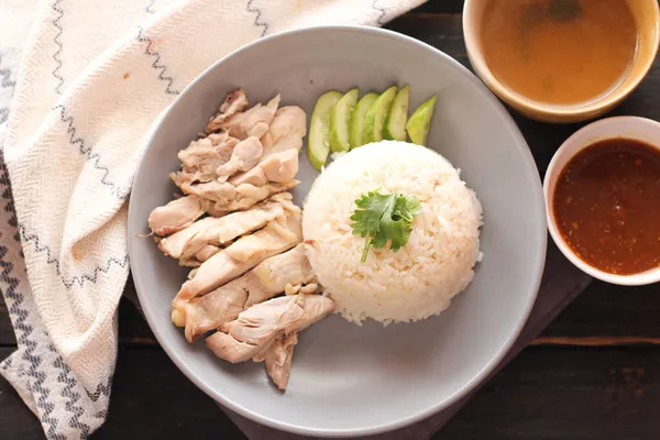 Hainese Kiprijst Rijst Gestoomd Met Kip Soep — Stockfoto