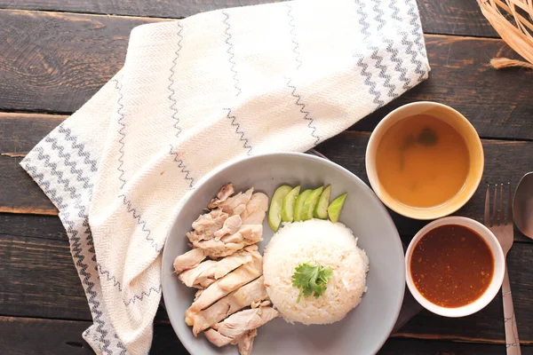 Hainanese Kuřecí Rýže Nebo Rýže Dušená Kuřecím Masem Polévka — Stock fotografie