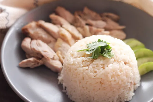 Hainanese Chicken Rice Served Dipping Sauce Hot Broth Black Wooden — Stock Photo, Image