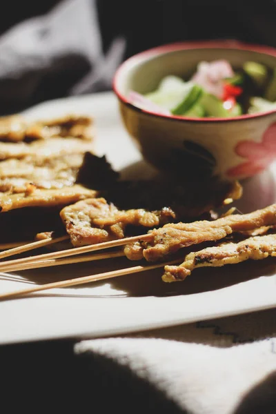 Pork Satay Served Morning Sunshine — Stock Photo, Image