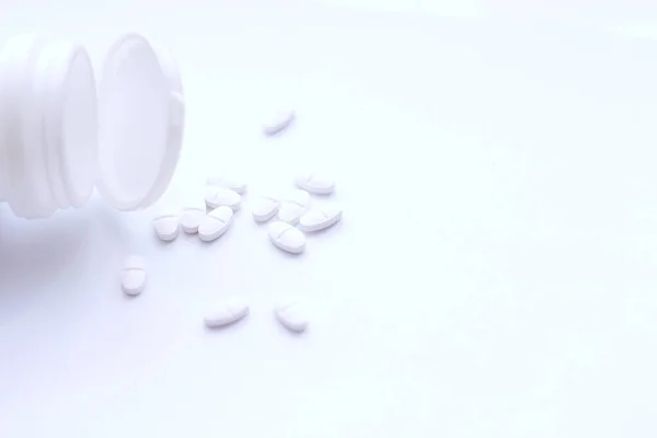 White Pills Pill Bottles Were Placed White Table — Stock Photo, Image