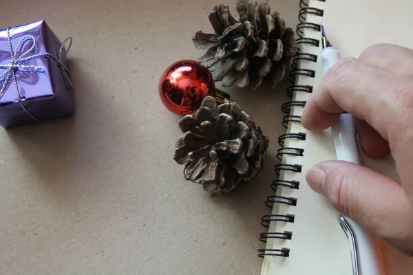 Blank Notebook Pen Dried Pine Cones Christmas Ball Small Gift — Stock Photo, Image