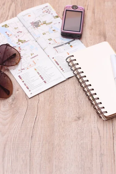 Trip Planning Wooden Table Map Sunglasses Notebook Camera — 图库照片