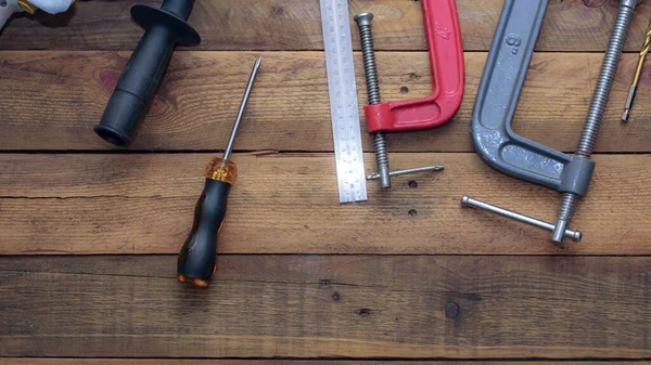 Collection Woodworking Tools Wooden Background — Stock Photo, Image