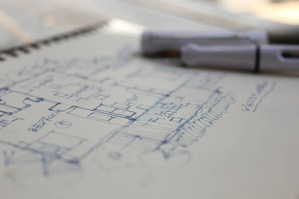 Architect Schets Huisplan Met Vulpen — Stockfoto