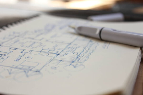 Architect, sketch, house plan with fountain pen