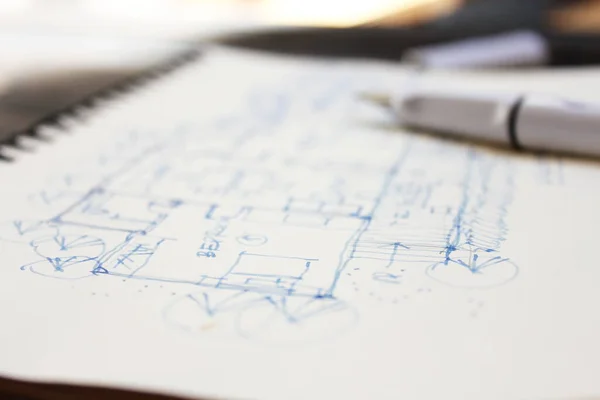 Architect Schets Huisplan Met Vulpen — Stockfoto