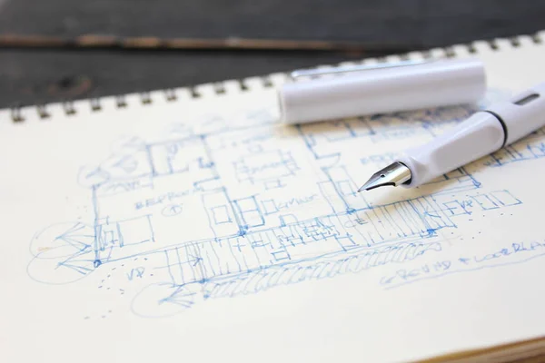 Architect Sketch House Plan Fountain Pen — Stock Photo, Image