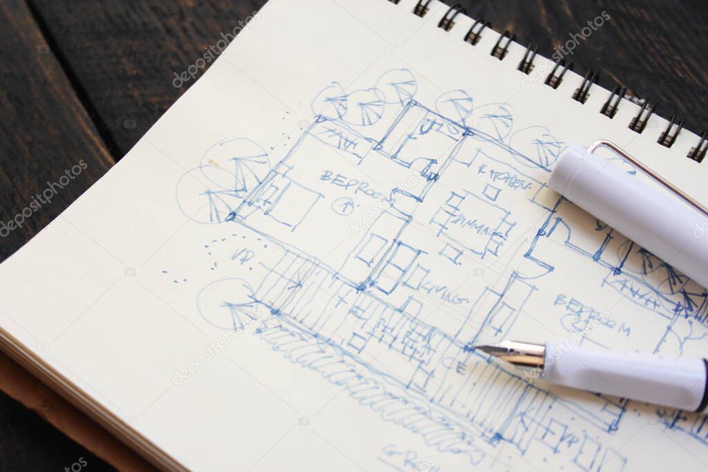 Architect, sketch, house plan with fountain pen