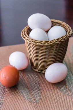 Masada bir tavuk yumurtası ve birkaç ördek yumurtası var..