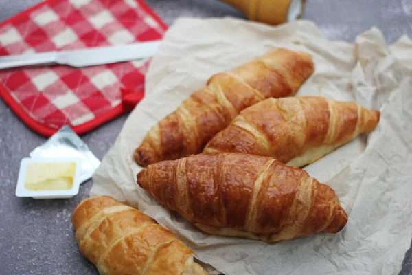 Pile Delicious Fresh Croissants Served Butter Gray Table — Stock Photo, Image