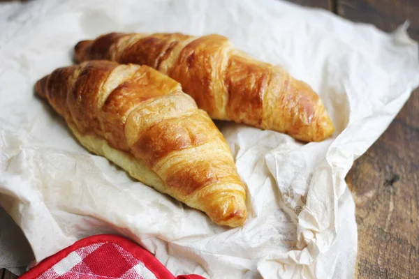 Pile Delicious Fresh Croissants Served Butter Natural Wood Table — Stock Photo, Image