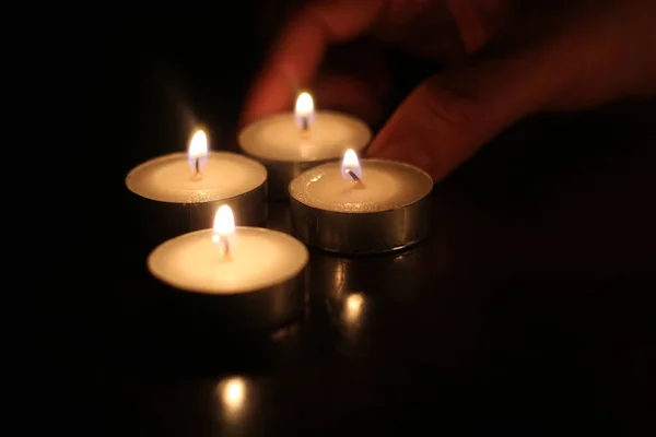 Man Hand Lighting Several Candles Wooden Table — Stock Photo, Image
