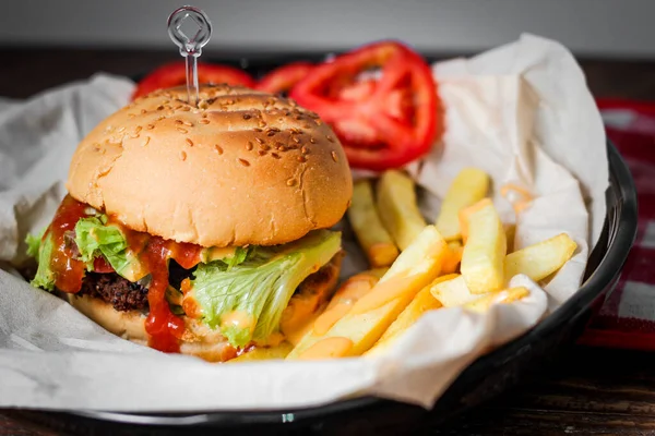 Home Made Hamburgers Served French Fries Tomatoes Wooden Table Fast — Stock Photo, Image