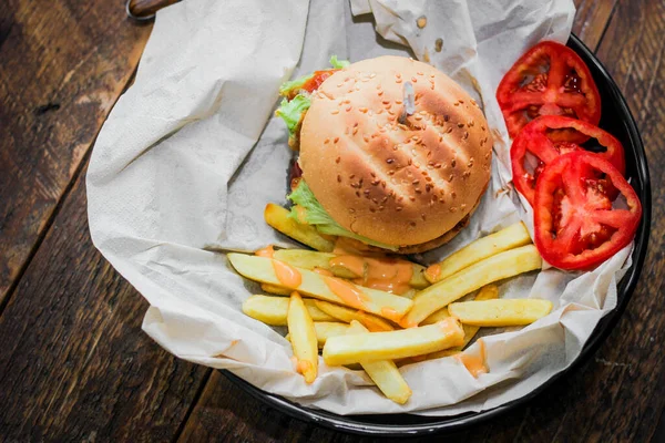 Home Made Hamburgers Served French Fries Tomatoes Wooden Table Fast — Stock Photo, Image