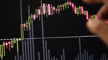 Bilgisayar ekranındaki bitcoin grafiğini gösteren parmak.