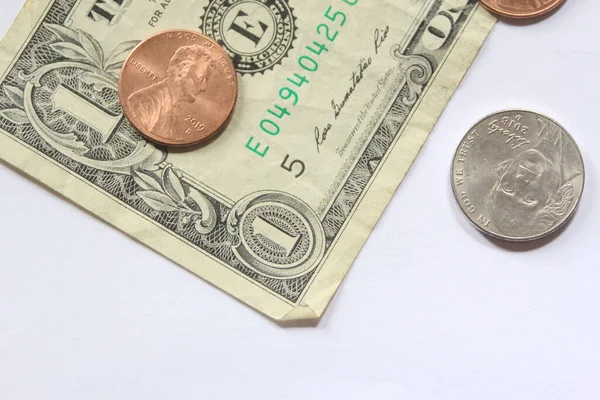 Dollar Bills Coins Spread Them White Background — Stock Photo, Image