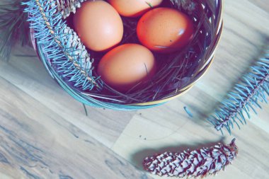 Çam dalları ve modern tonlarda çam kozalakları olan bir sepette paskalya yumurtaları..