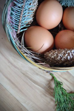 Çam dalları ve kozalaklarla dolu bir sepetin içinde paskalya yumurtaları..