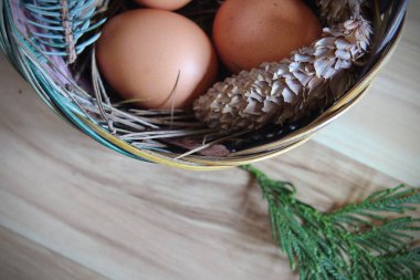 Çam dalları ve kozalaklarla dolu bir sepetin içinde paskalya yumurtaları..