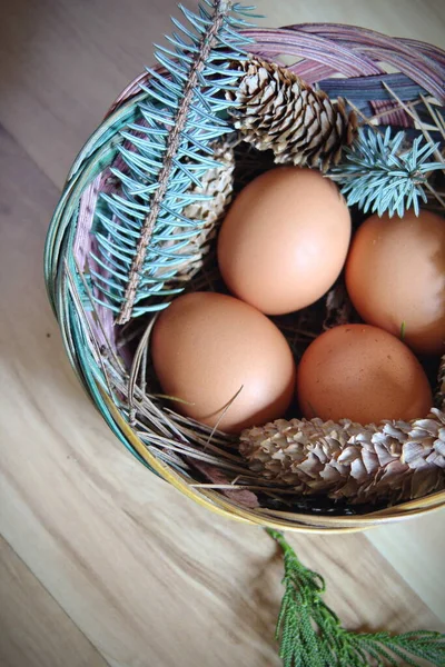 Velikonoční Vajíčka Košíku Borovými Větvemi Borovými Šiškami Umístěnými Dřevěné Podlaze — Stock fotografie