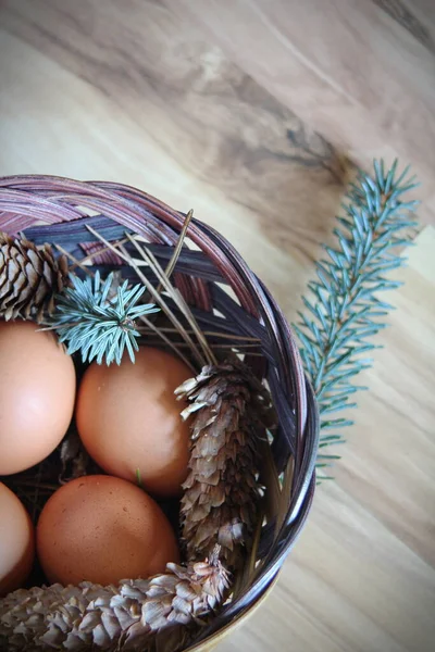 Velikonoční Vajíčka Košíku Borovými Větvemi Borovými Šiškami Umístěnými Dřevěné Podlaze — Stock fotografie