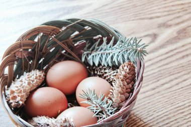 Paskalya yumurtaları sepetin içinde, çam dalları ve kozalaklar ahşap zemine yerleştirilmiş, modern ton..